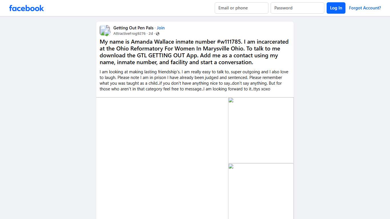 Getting Out Pen Pals My name is Amanda Wallace inmate number #w111785 Facebook